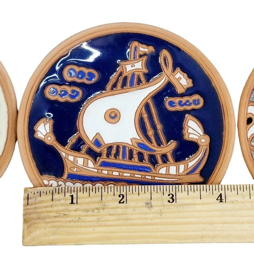 Vintage Set of‎ 3 Handmade Plates By Bonis Pottery In Rhodes Greece Viking Boats